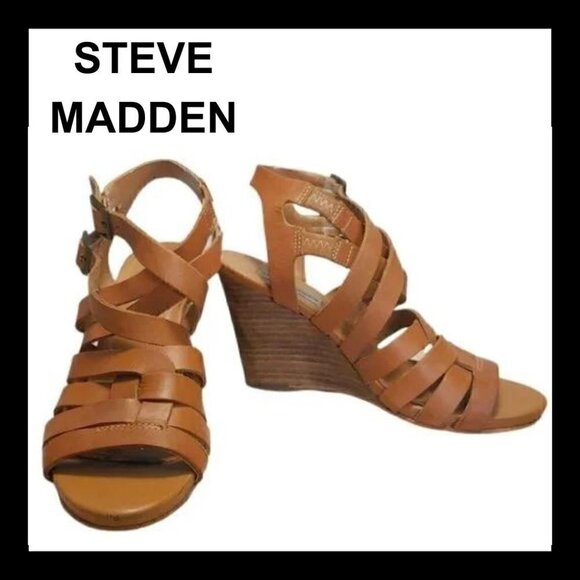 STEVE MADDEN Tan Venis Strappy Leather Wedge Sandals - Picture 1 of 10